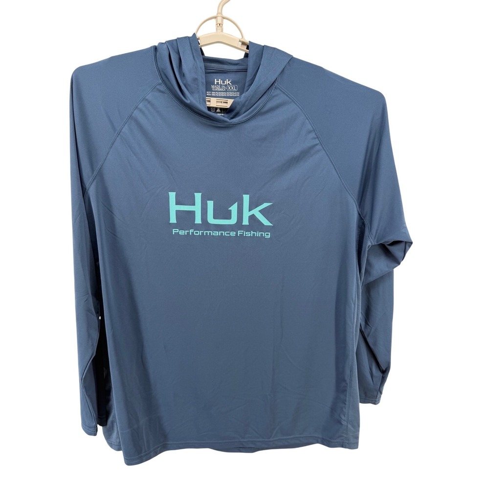 Huk Performance Fishing Hoodie Mens XXL Blue Long Sleeve Sun Shirt Hooded Logo